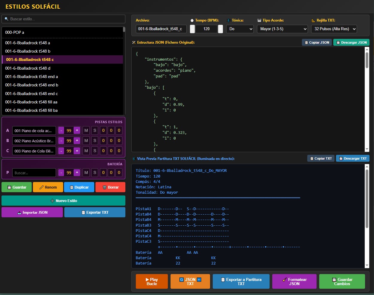 Interfaz del Editor de Estilos Yamaha en Solfácil