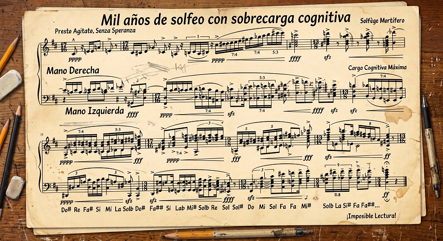 Partitura de solfeo tradicional con alta densidad teórica